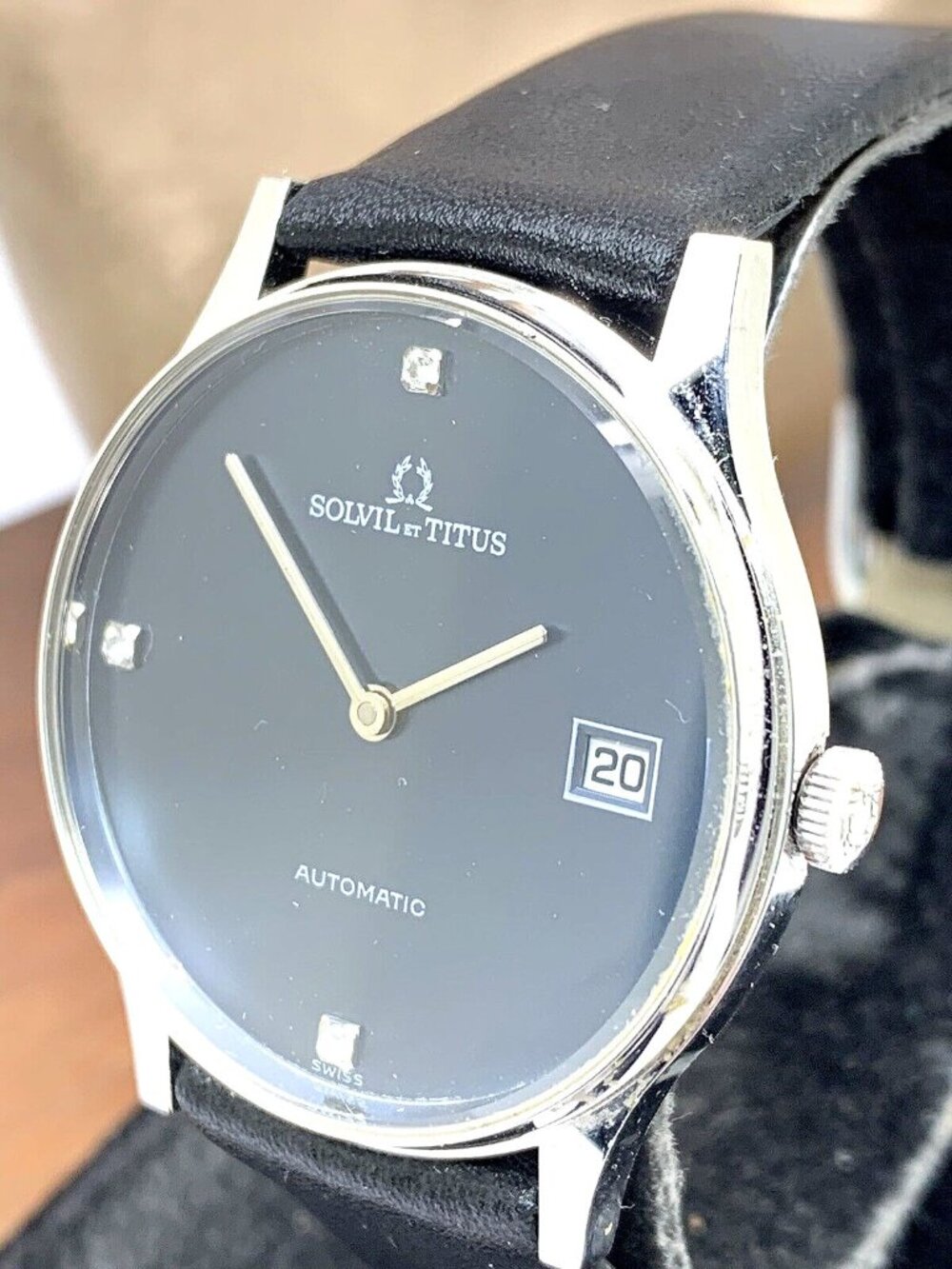 Solvil et Titus Men's Watch Vintage Swiss Automatic Blue Dial Black Leather Band